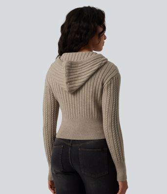 Hooded Zip Fly Cable Knit Casual Cardigan