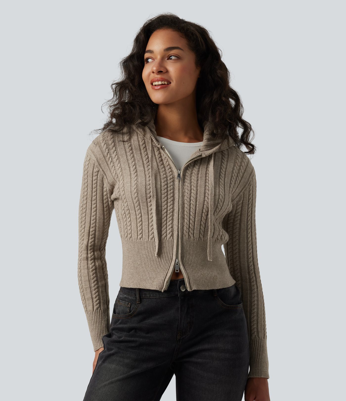 Hooded Zip Fly Cable Knit Casual Cardigan