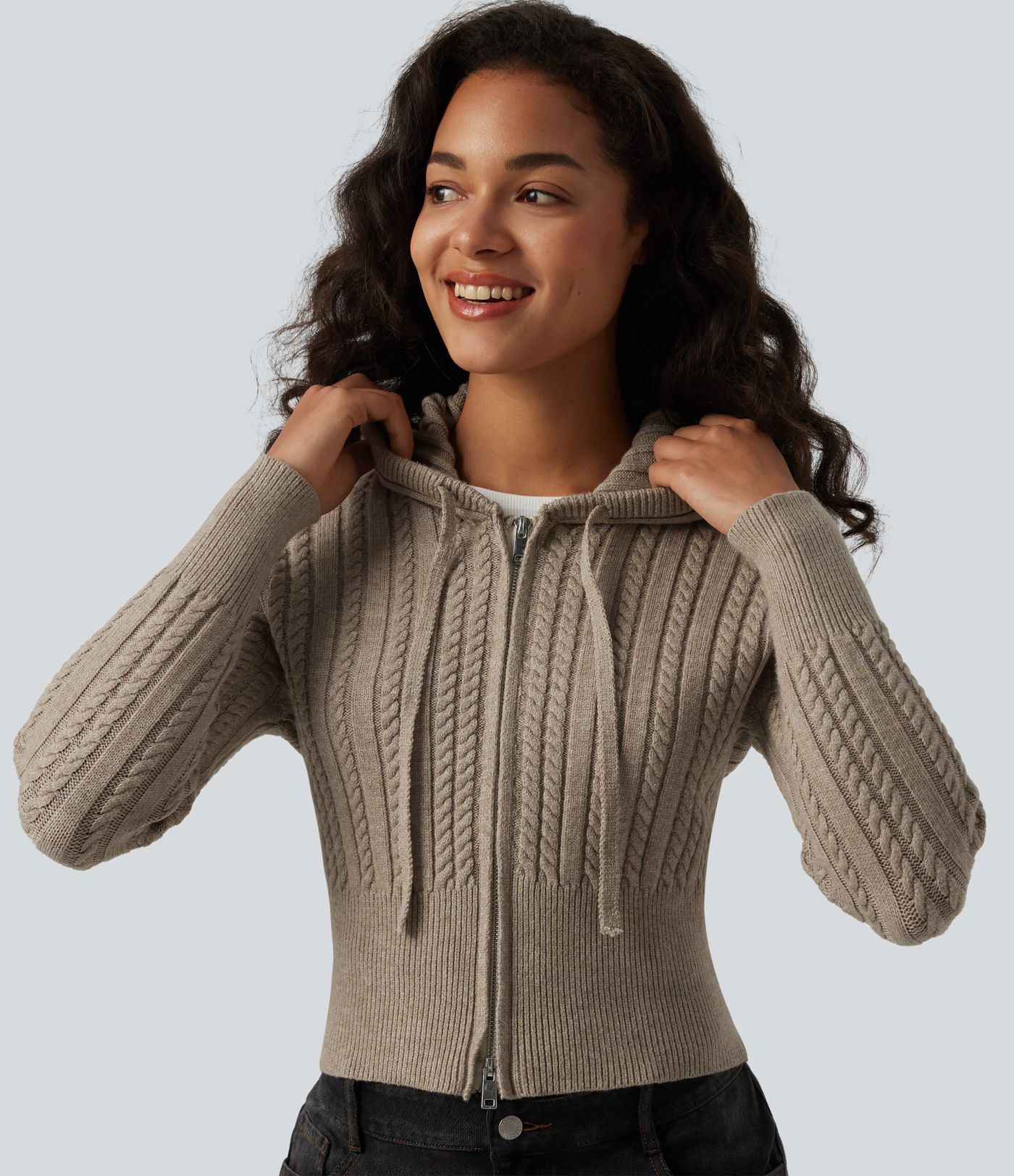 Hooded Zip Fly Cable Knit Casual Cardigan
