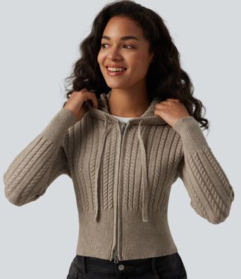 Hooded Zip Fly Cable Knit Casual Cardigan