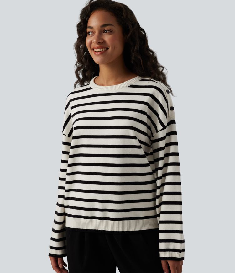 Round Neck Long Sleeve Stripe Decorative Button Casual Sweater