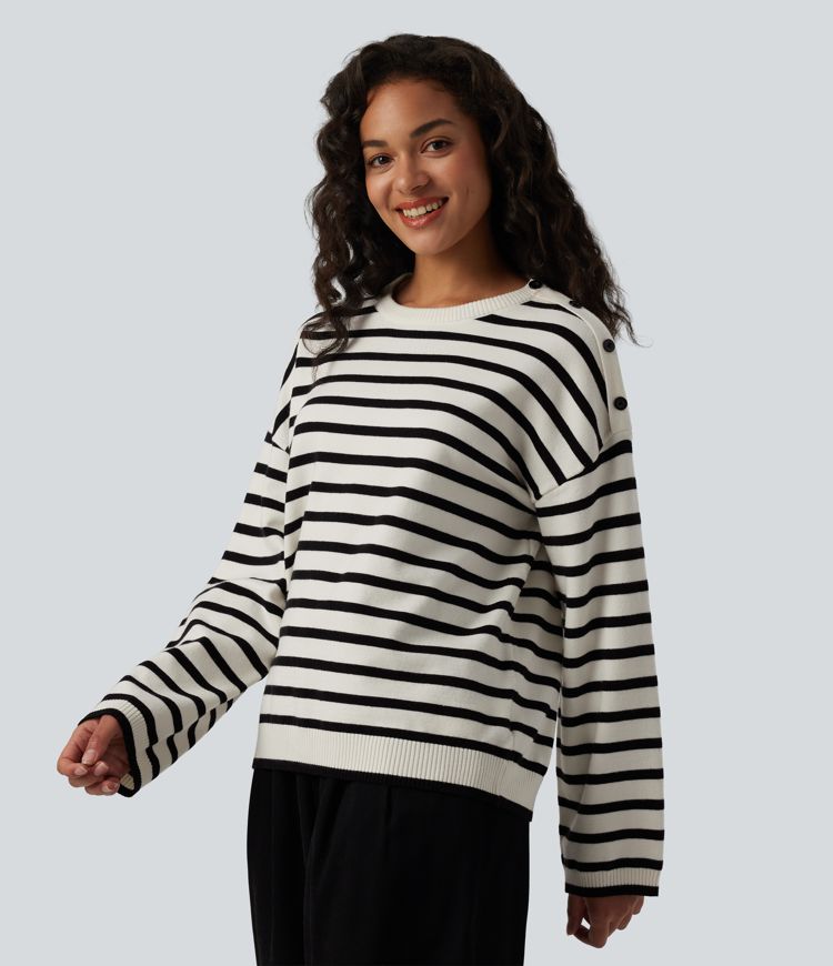 Round Neck Long Sleeve Stripe Decorative Button Casual Sweater
