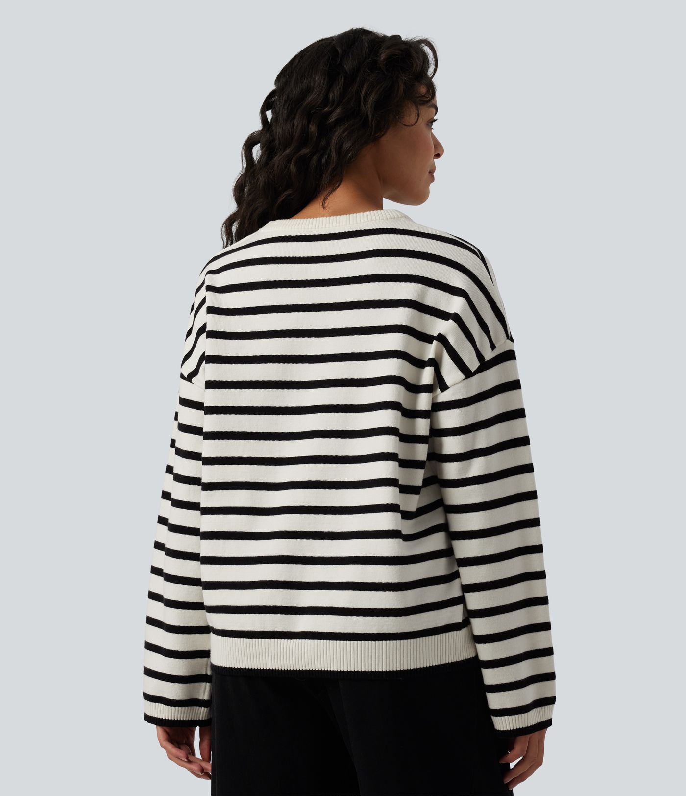 Round Neck Long Sleeve Stripe Decorative Button Casual Sweater