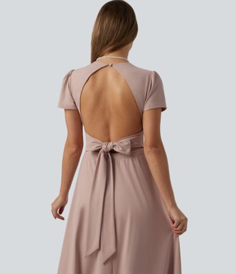 Robe mariage maxi fluide col V à manches courtes, dos nu avec lien noué et brassière intégrée