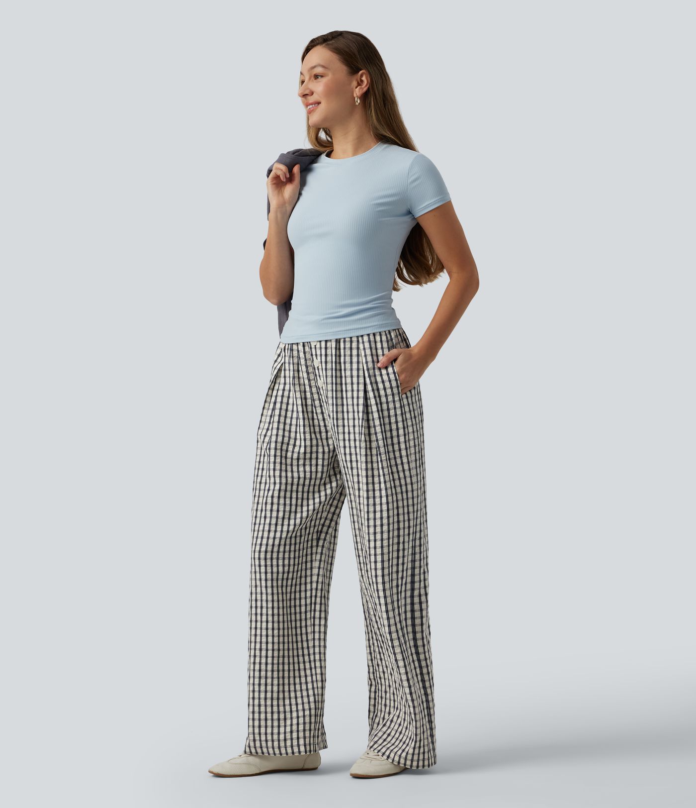 Mid Rise Drawsting Wide Leg Plaid Casual Pants with Pockets