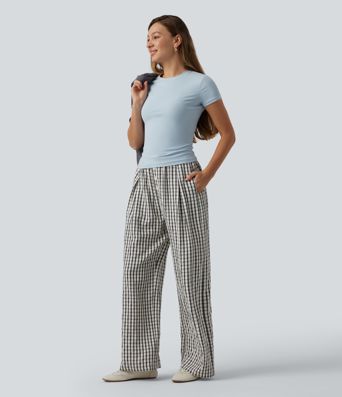Mid Rise Drawsting Wide Leg Plaid Casual Pants with Pockets