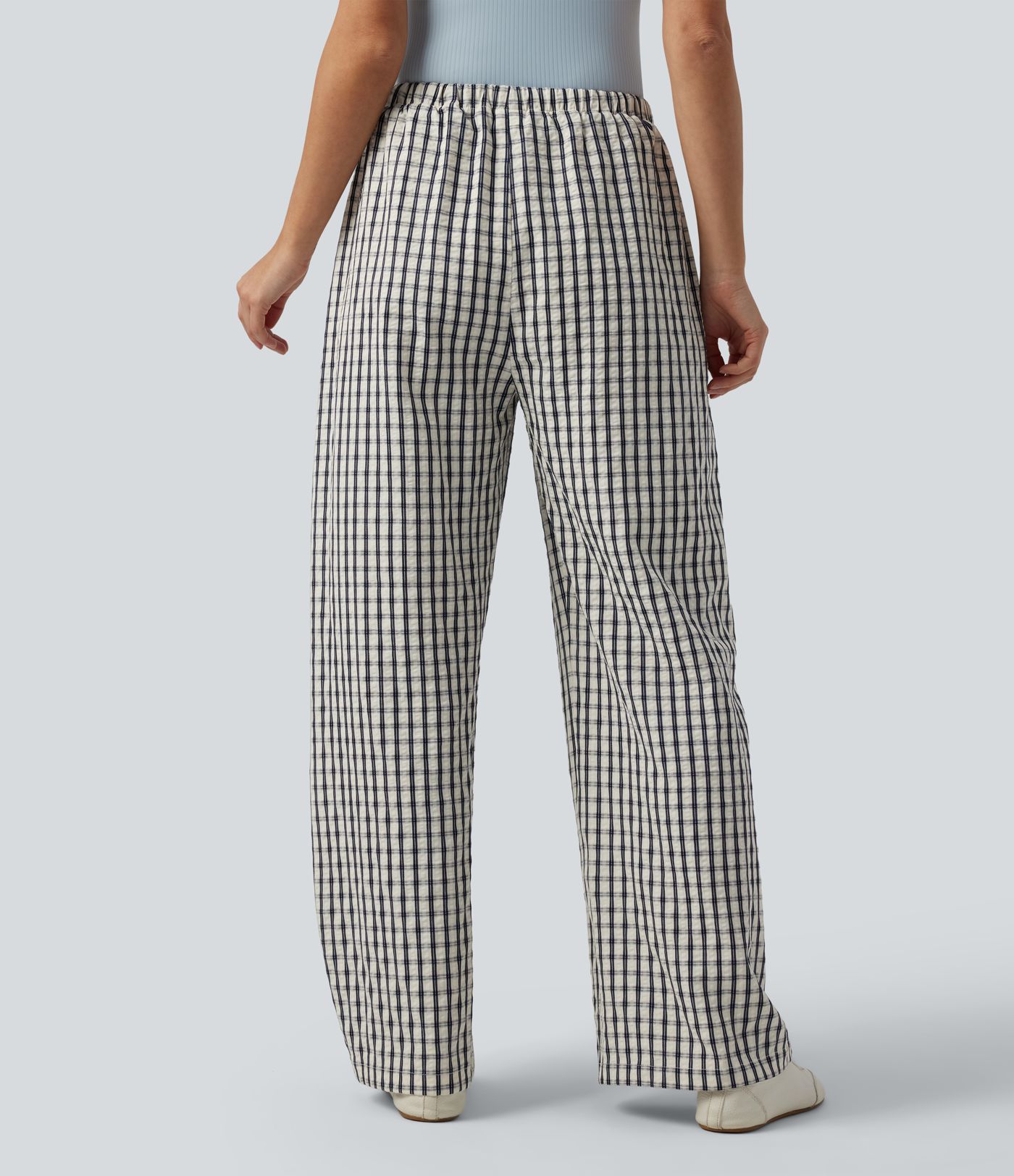 Mid Rise Drawsting Wide Leg Plaid Casual Pants with Pockets