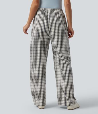Mid Rise Drawsting Wide Leg Plaid Casual Pants with Pockets