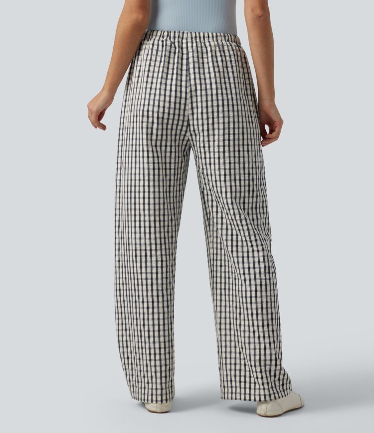 Mid Rise Drawsting Wide Leg Plaid Casual Pants with Pockets