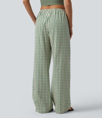 Lässige, karierte Hose mit mittlerer Bundhöhe, Kordelzug, weitem Bein und Taschen.