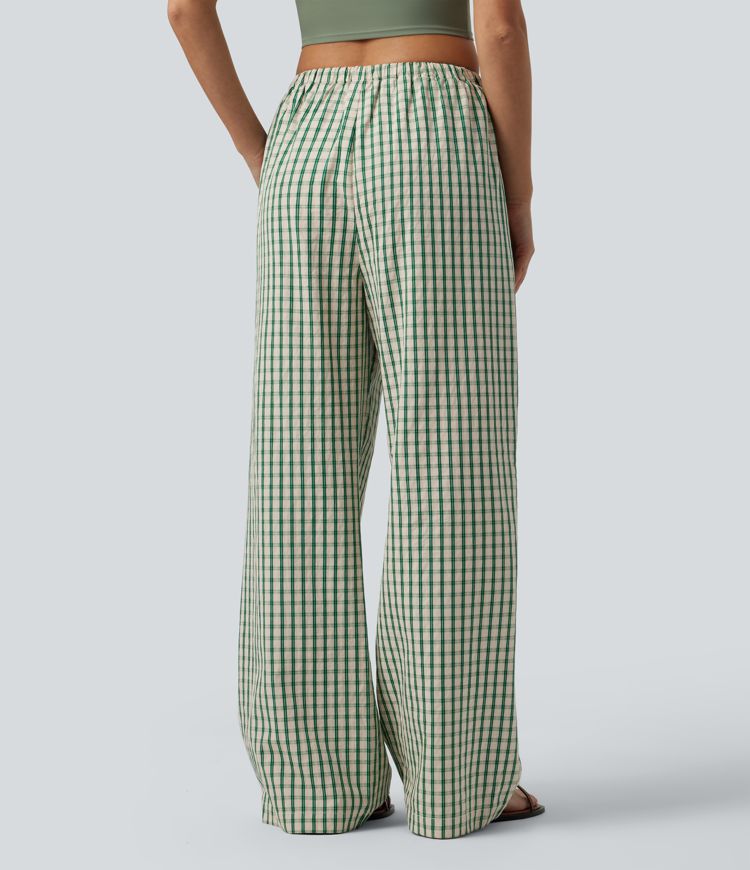 Lässige, karierte Hose mit mittlerer Bundhöhe, Kordelzug, weitem Bein und Taschen.