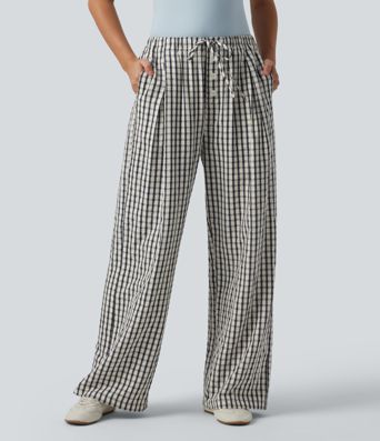 Mid Rise Drawsting Wide Leg Plaid Casual Pants with Pockets