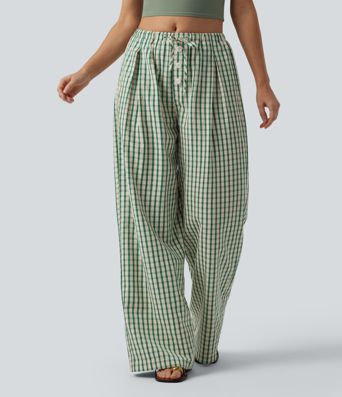 Lässige, karierte Hose mit mittlerer Bundhöhe, Kordelzug, weitem Bein und Taschen.