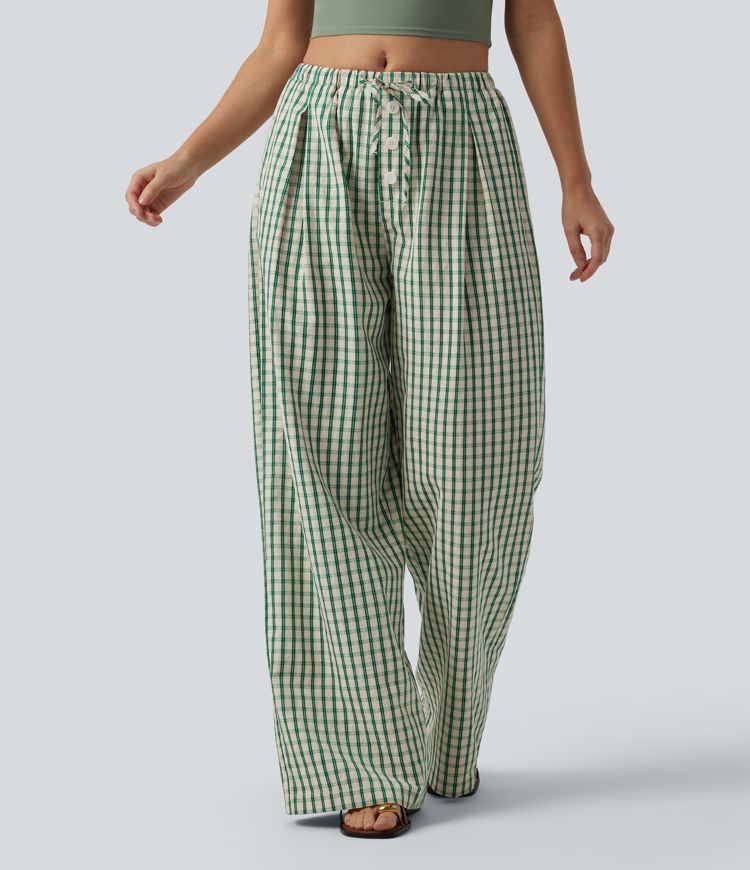 Lässige, karierte Hose mit mittlerer Bundhöhe, Kordelzug, weitem Bein und Taschen.