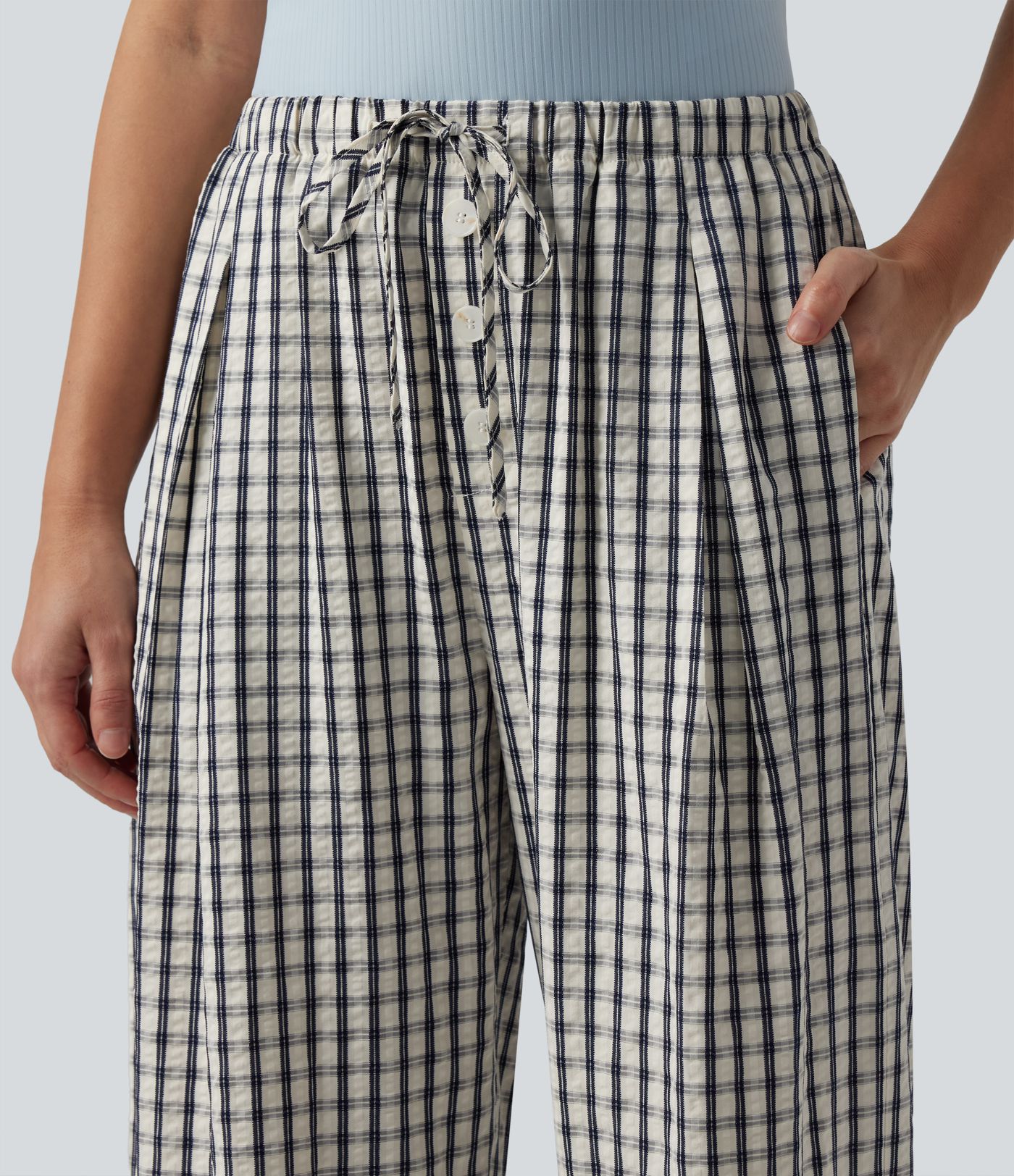 Mid Rise Drawsting Wide Leg Plaid Casual Pants with Pockets