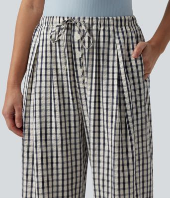 Mid Rise Drawsting Wide Leg Plaid Casual Pants with Pockets