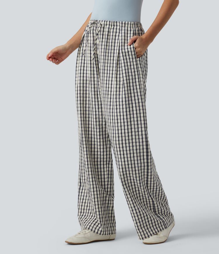 Mid Rise Drawsting Wide Leg Plaid Casual Pants with Pockets