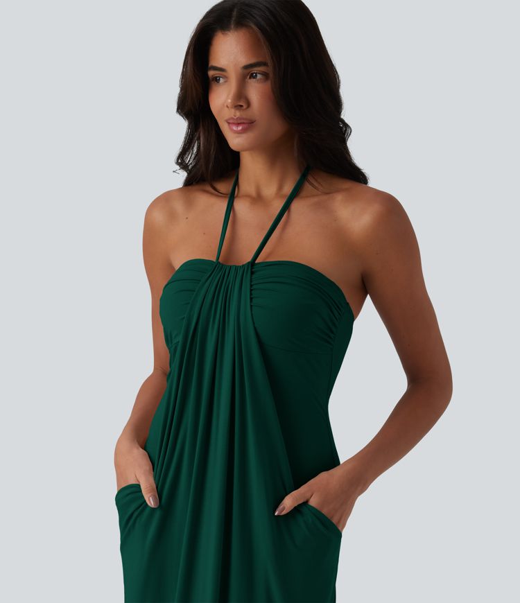 Robe longue dos nu col licou avec nœud et poches