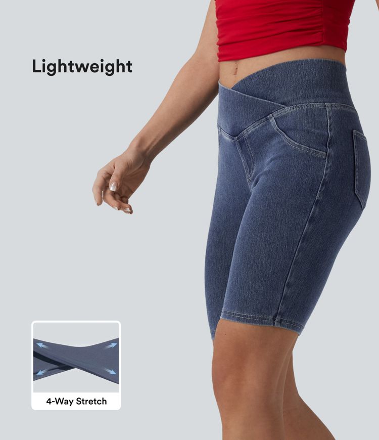 Halara Flex™ Crossover Mid Rise Denim Casual Skinny Shorts 9'' with Pockets Halara Flex™ Crossover Mid Rise Denim Casual Skinny Shorts 9'' with Pockets