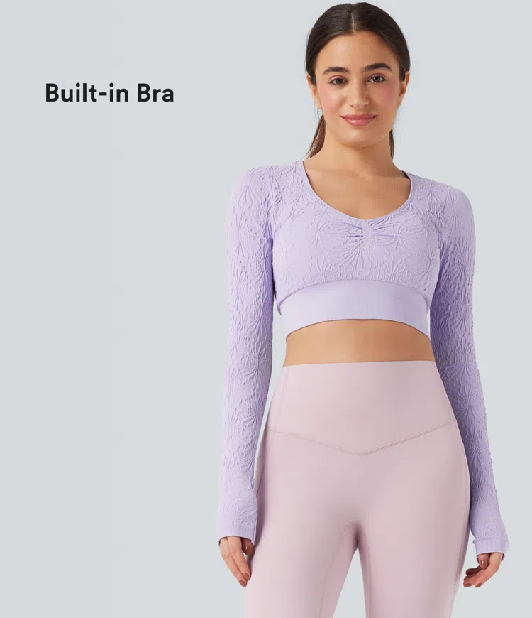Orchid Petal Nahtloses Flow-Jacquard-Langarm-Cropped, figurbetontes Yoga-Sporttop / 1