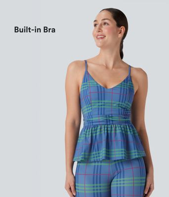 Haut de yoga rembourré à carreaux avec ourlet à volants, Cool Touch