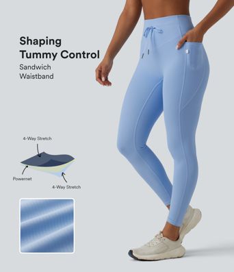 Ribbed Knit High Waisted Drawstring Tummy Control Quick Dry Workout Leggings with Pockets-UPF50+