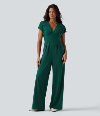 V Neck Short Sleeve Wide Leg Casual Jumpsuit with Pockets-Easy Peezy Edition