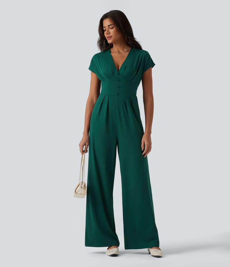 Lässiger Jumpsuit mit V-Ausschnitt, kurzen Ärmeln, weitem Bein und Taschen – Easy Peezy