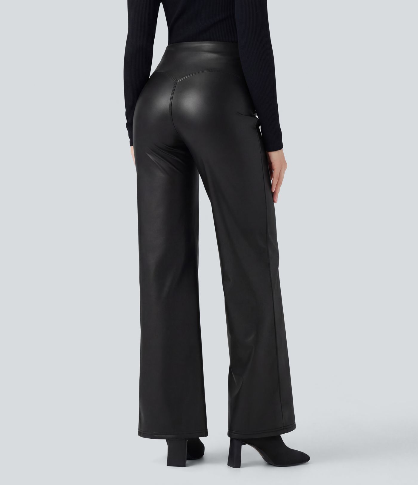 High Waisted Tummy Control Stretchy PU Fleece Casual Flare Pants with Pockets