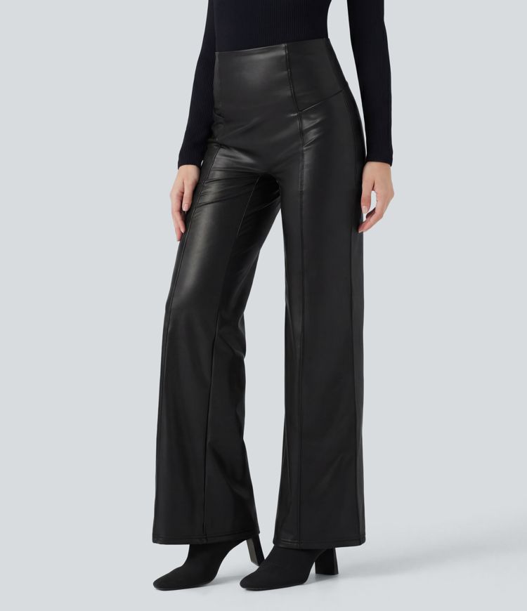 High Waisted Tummy Control Stretchy PU Fleece Casual Flare Pants with Pockets