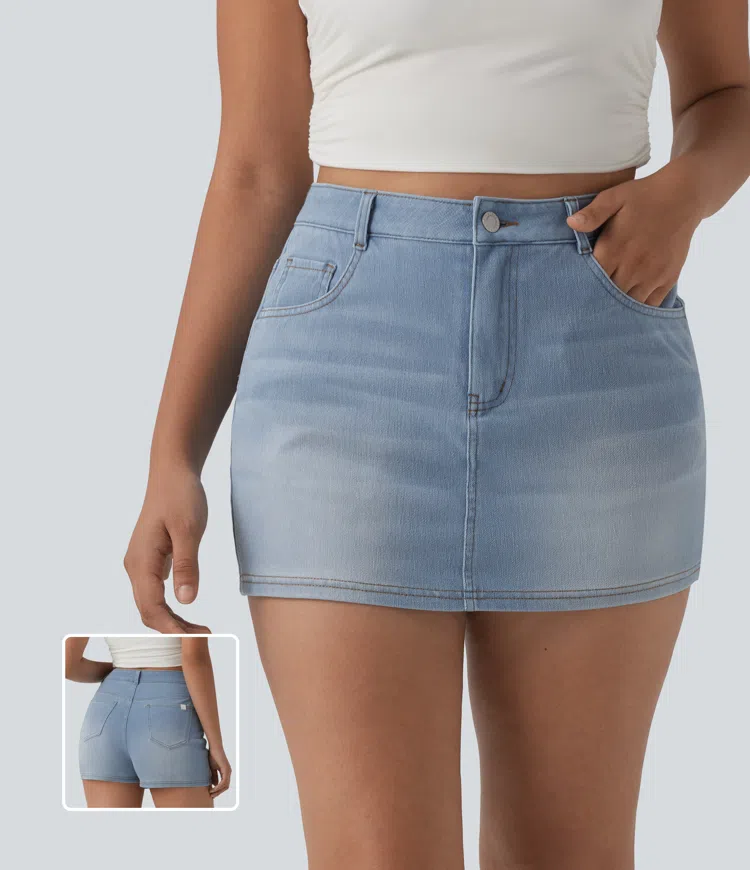 Halara Flex™ деним мини скорт с висока талия и джобове