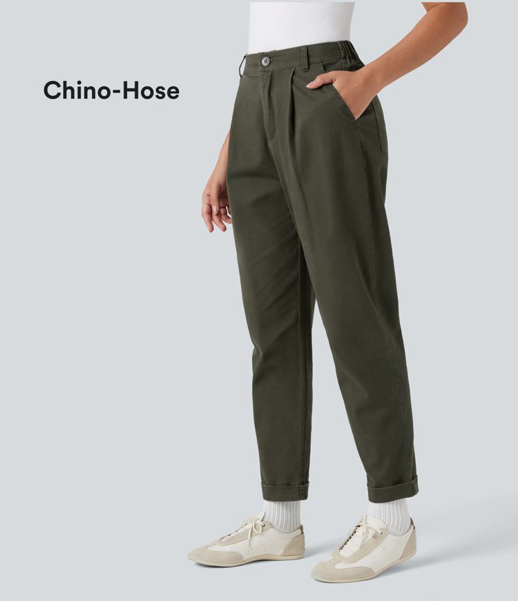 Lässige Chino-Hose aus Baumwolle mit hohem Bund, mehreren Taschen und schmal zulaufenden Beinen