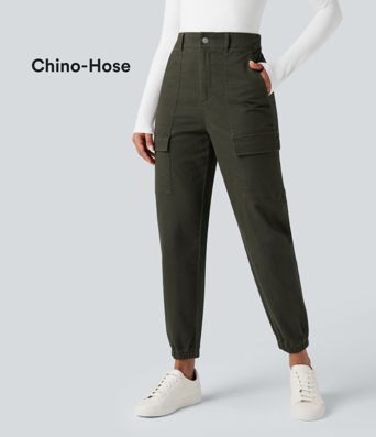 Lässige Chino-Cargo-Jogginghose aus Baumwolle mit hohem Bund und mehreren Taschen