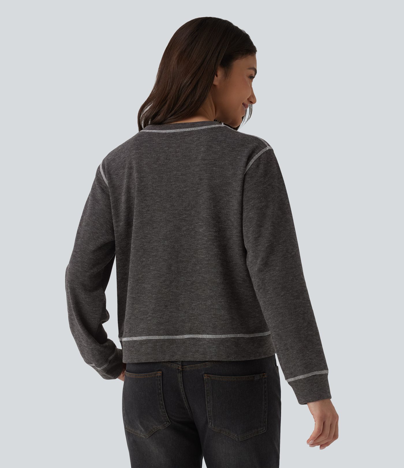 Round Neck Long Sleeve Top-stitching Heathered Casual Sweatshirt
