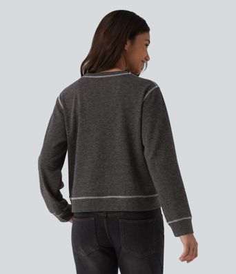 Round Neck Long Sleeve Top-stitching Heathered Casual Sweatshirt
