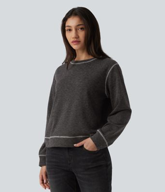 Round Neck Long Sleeve Top-stitching Heathered Casual Sweatshirt
