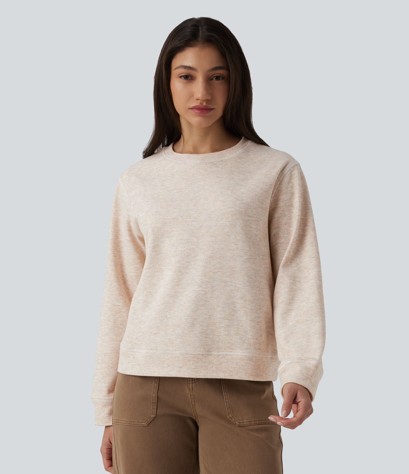 Round Neck Long Sleeve Top-stitching Heathered Casual Sweatshirt