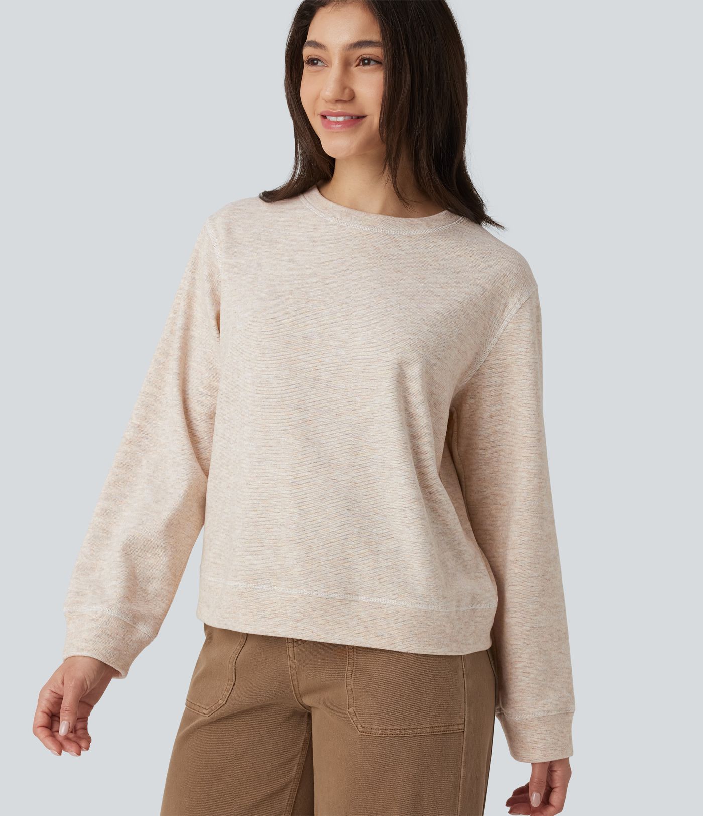 Round Neck Long Sleeve Top-stitching Heathered Casual Sweatshirt