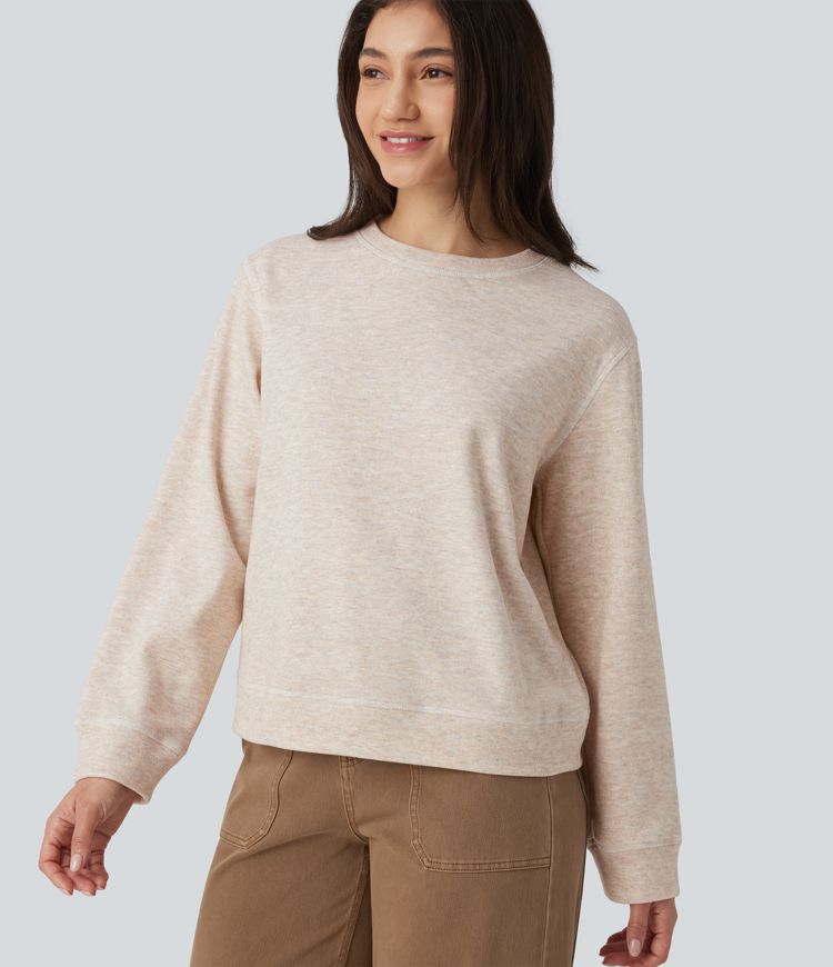 Round Neck Long Sleeve Top-stitching Heathered Casual Sweatshirt