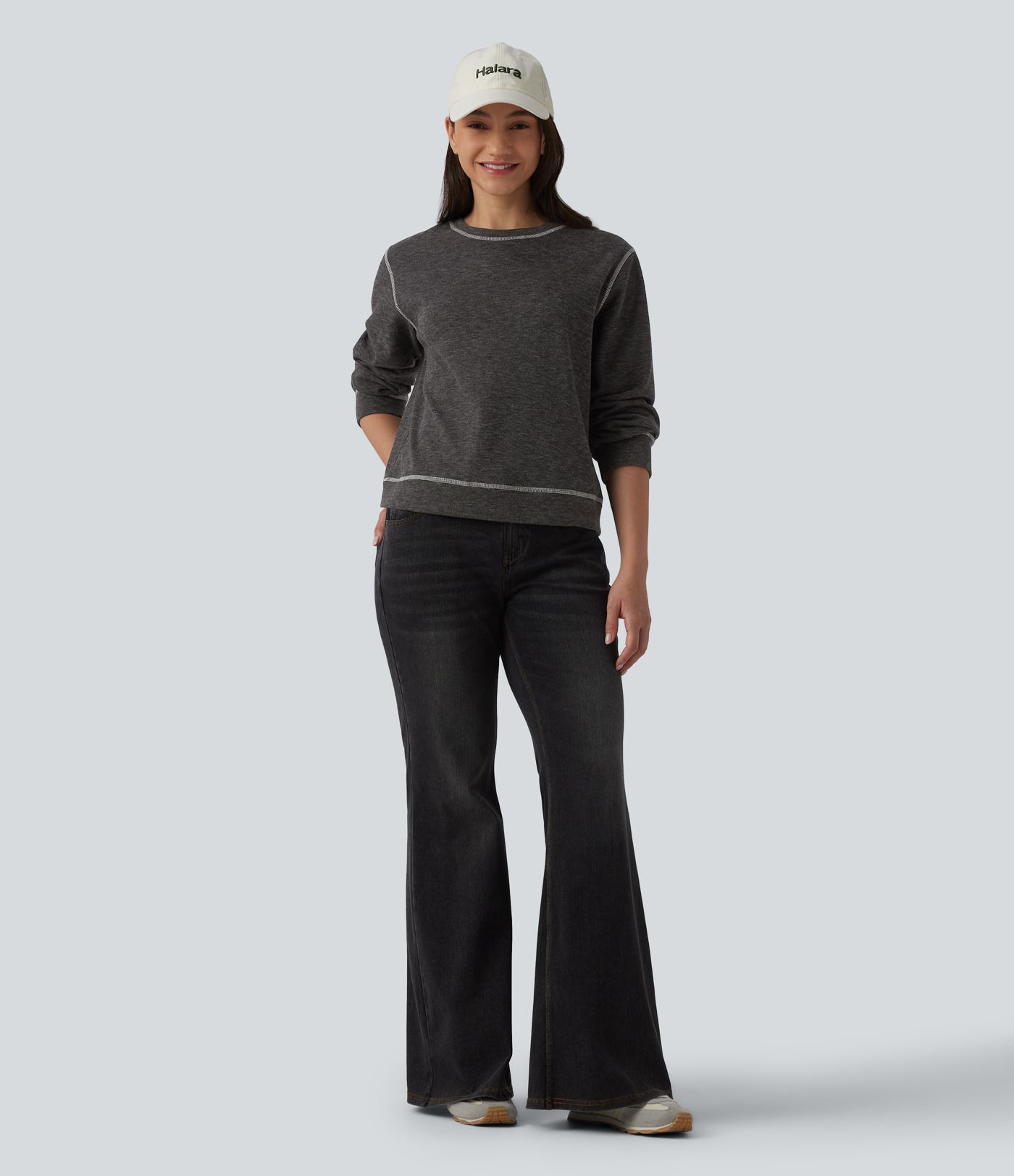 Round Neck Long Sleeve Top-stitching Heathered Casual Sweatshirt