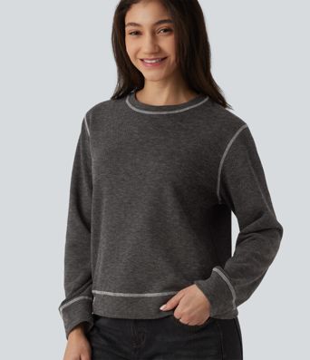 Round Neck Long Sleeve Top-stitching Heathered Casual Sweatshirt
