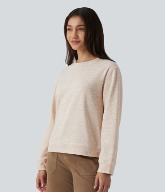 Round Neck Long Sleeve Top-stitching Heathered Casual Sweatshirt
