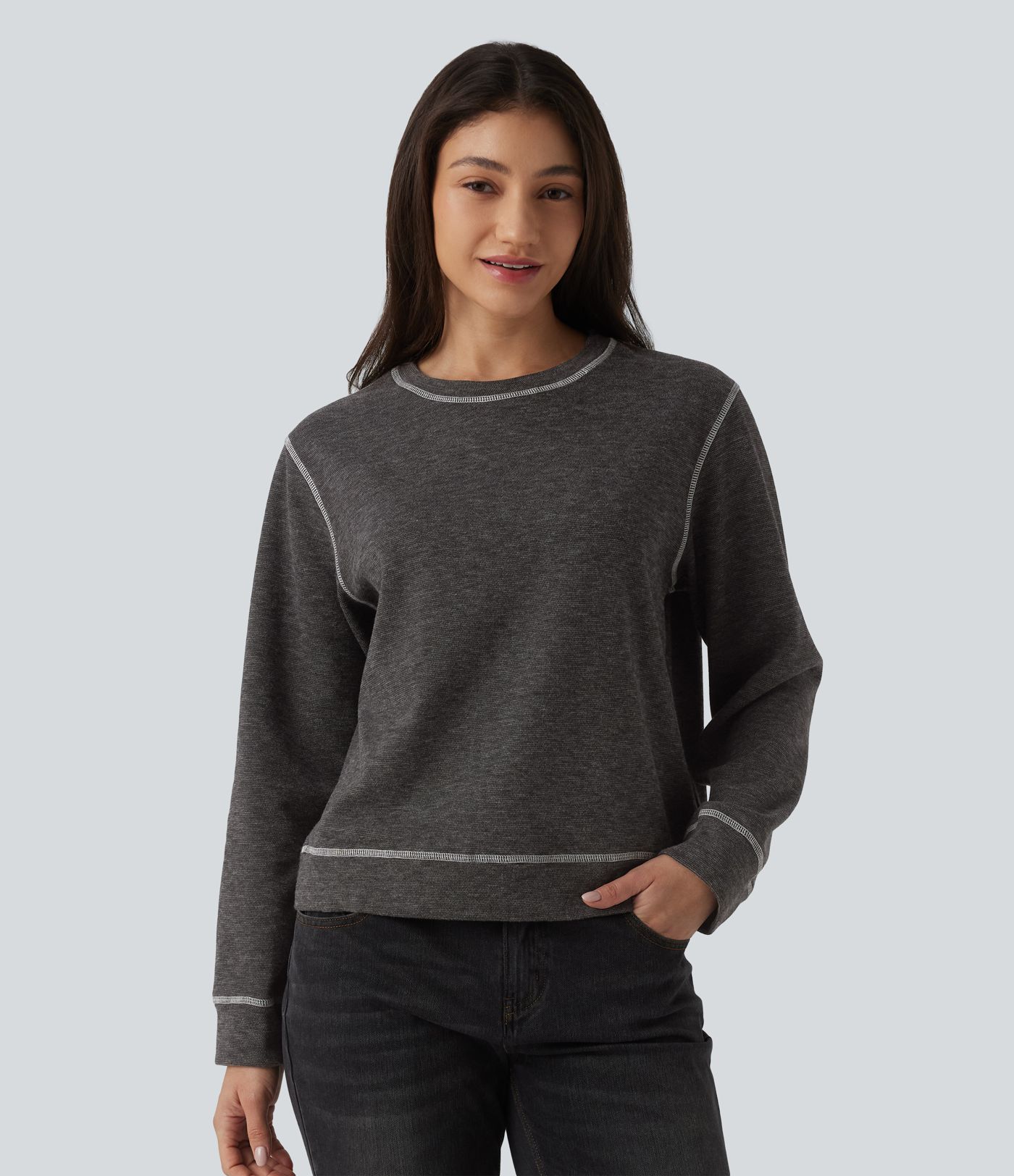 Round Neck Long Sleeve Top-stitching Heathered Casual Sweatshirt