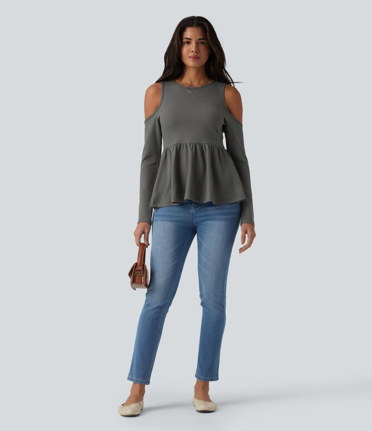 Round Neck Cut Out Long Sleeve Ruffle Hem Waffle Casual T-Shirt