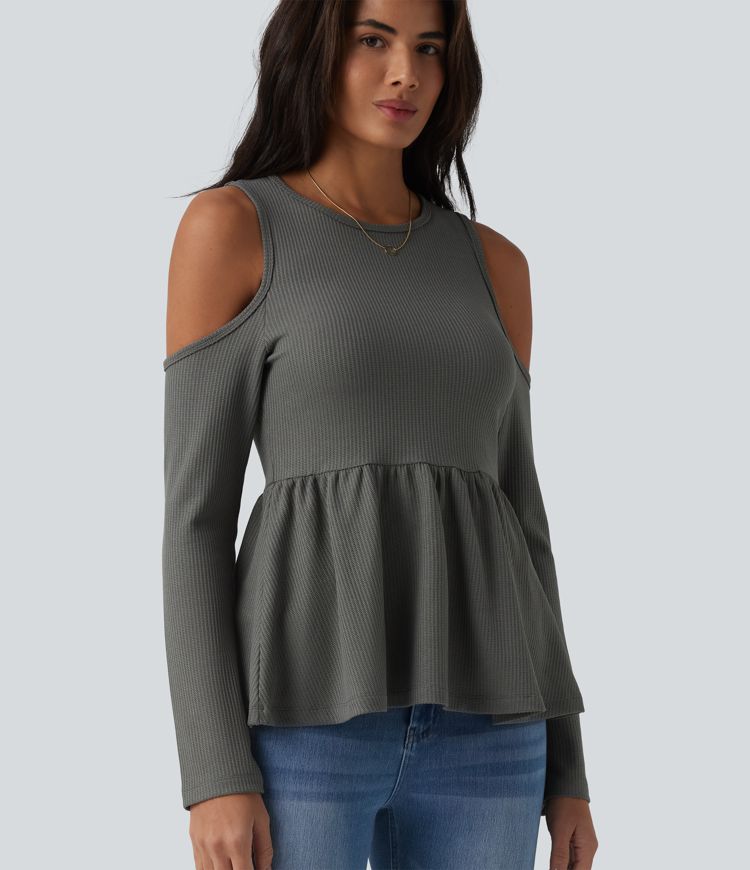 Round Neck Cut Out Long Sleeve Ruffle Hem Waffle Casual T-Shirt