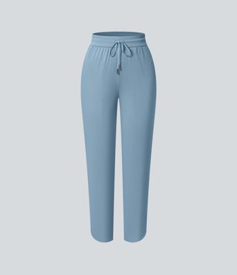 Mid Rise Drawstring Curved Hem Quick Dry Golf Tapered Trousers with Pockets-UPF40+