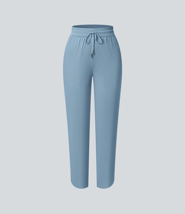Mid Rise Drawstring Curved Hem Quick Dry Golf Tapered Trousers with Pockets-UPF40+