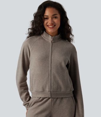 Ribbed Stand Collar Long Sleeve Zipper Casual Jacket with Pockets