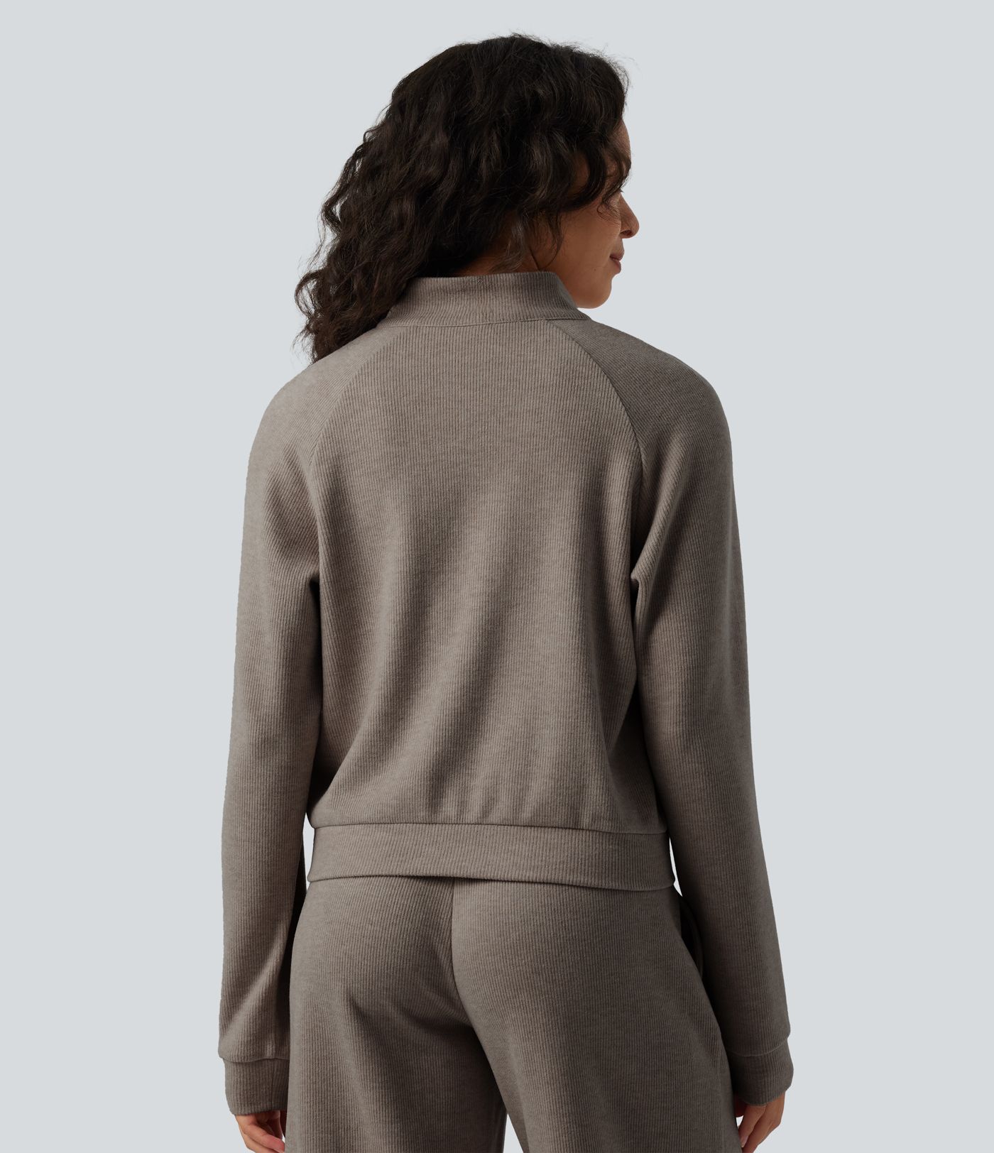 Ribbed Stand Collar Long Sleeve Zipper Casual Jacket with Pockets