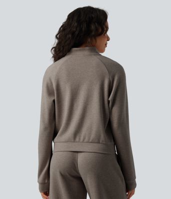 Ribbed Stand Collar Long Sleeve Zipper Casual Jacket with Pockets